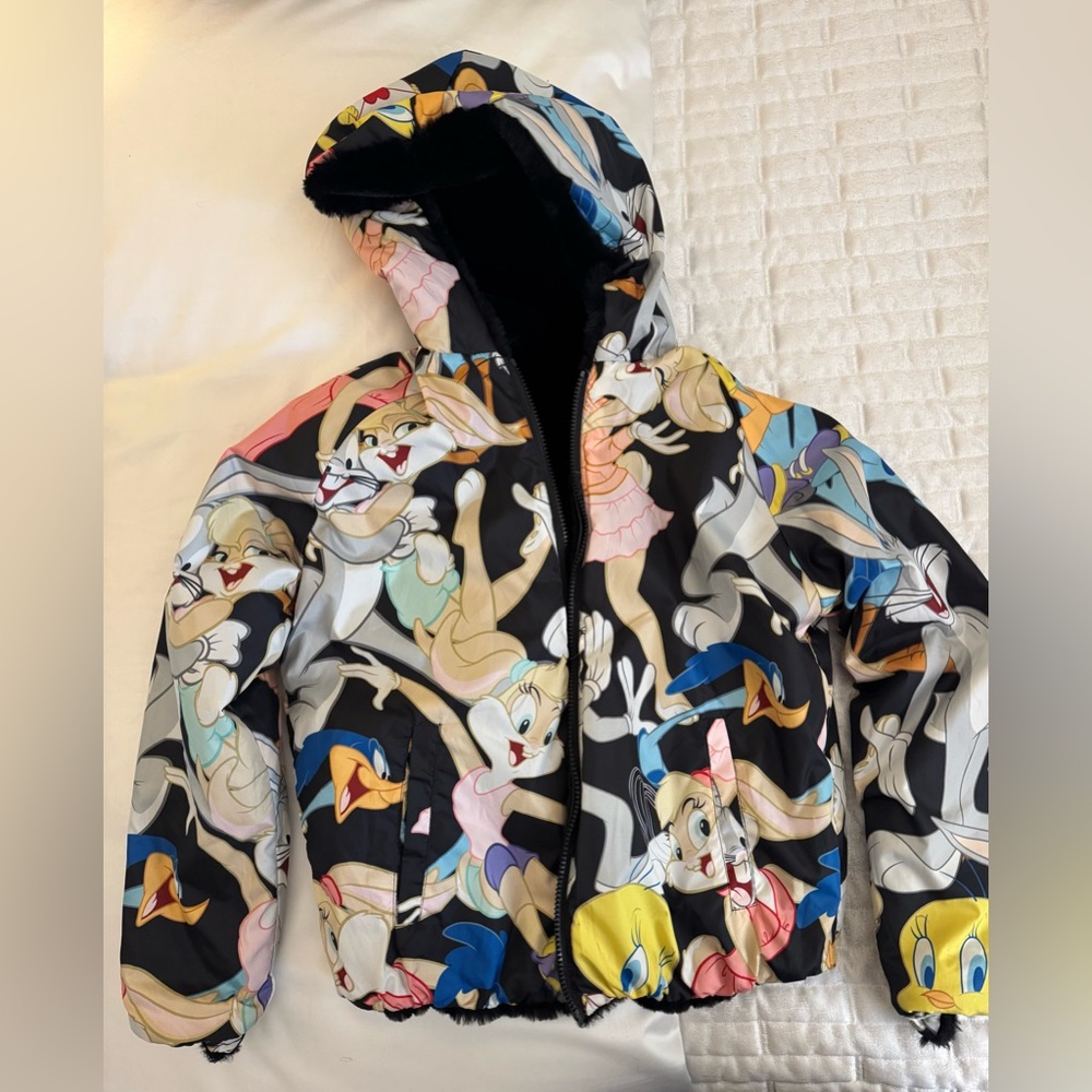 Looney Tunes Members Only Jacket Womens S Hoodie and reversible jacket black fur